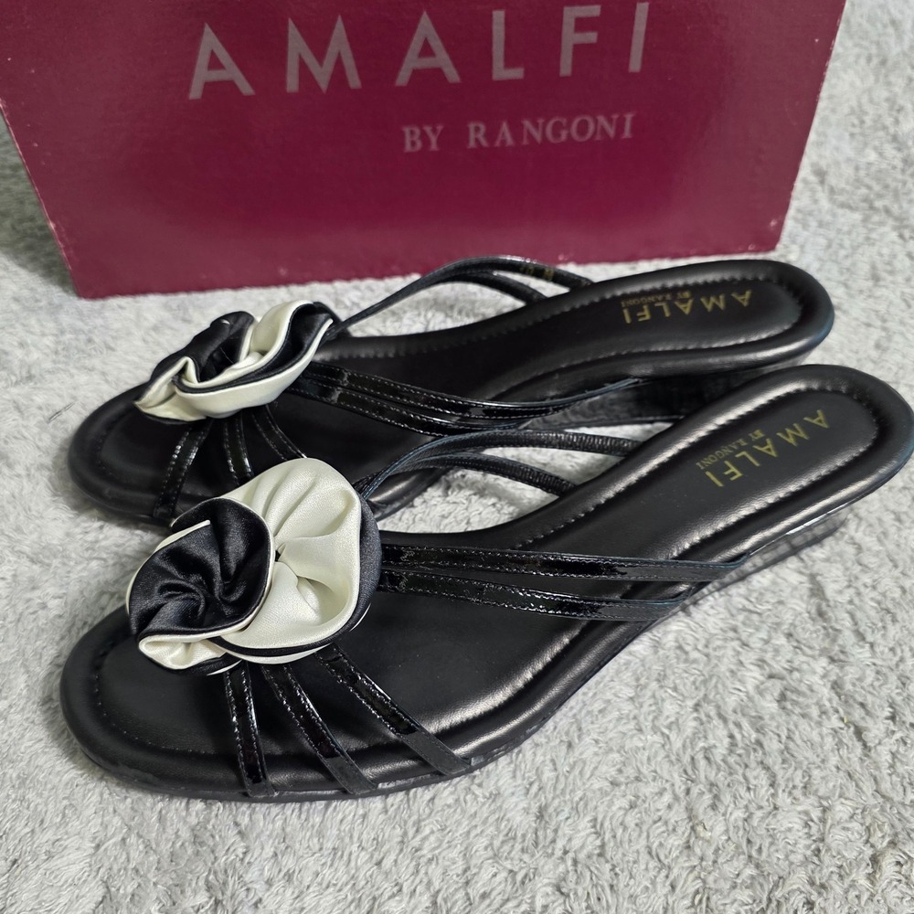 VTG Amalfi Rangoni Black‎ Italian Leather Floral Wedge Sandals Women's 10M NEW